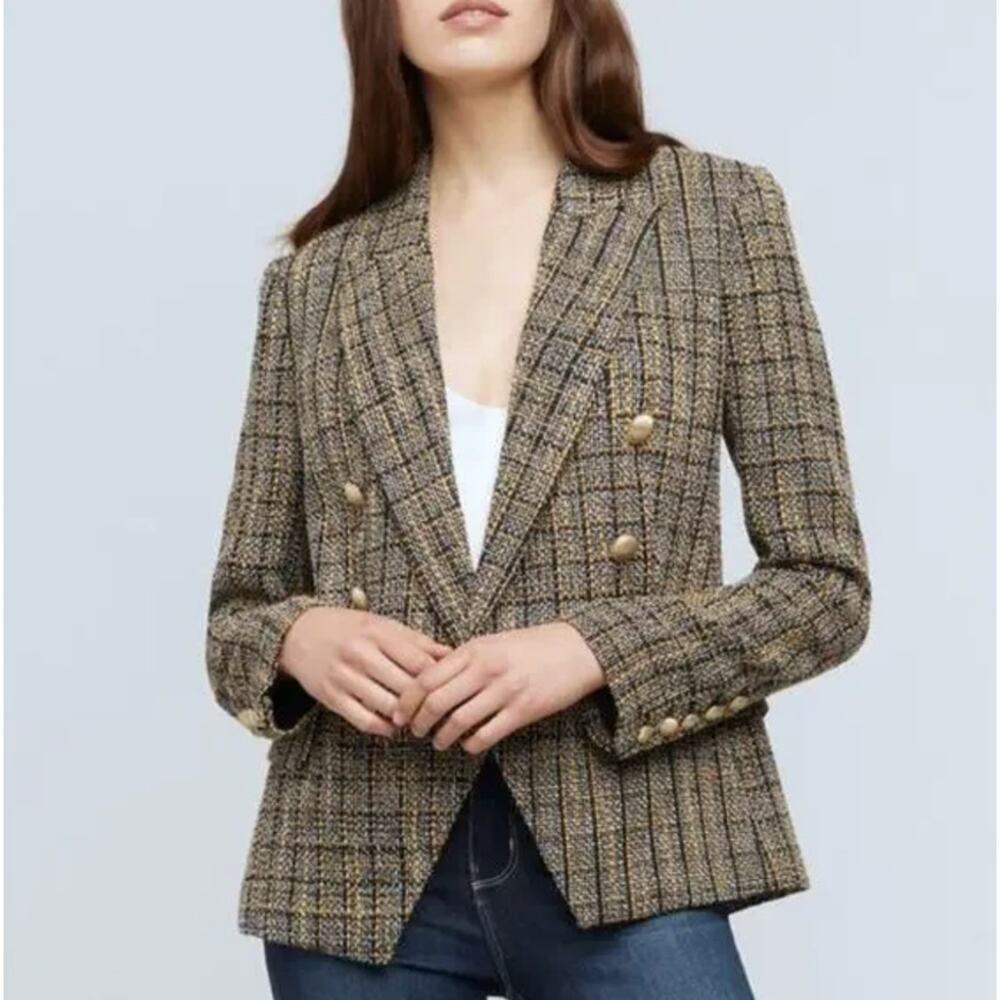 L'Agence Kenzie Blazer Double Breasted Tweed Jacket Coat Gold Buttons Black US 6 - Picture 7 of 16